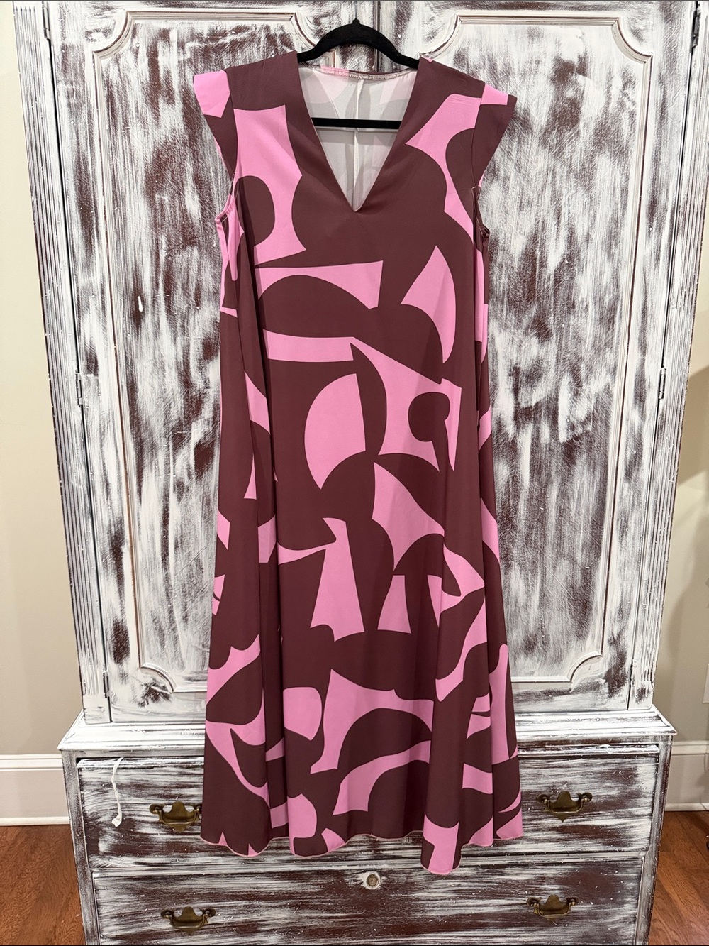 NWOT Cap Sleeve V-Neck A-Line Dress in Pink and Brown